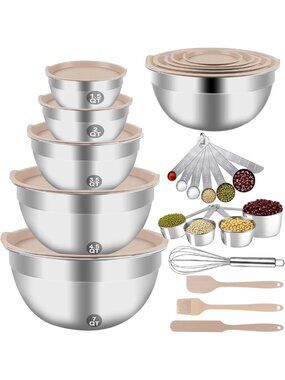 25PCS Khaki Mixing Bowls Set with Lids, Stainless Steel Nesting Bowls 7QT-1.5QT